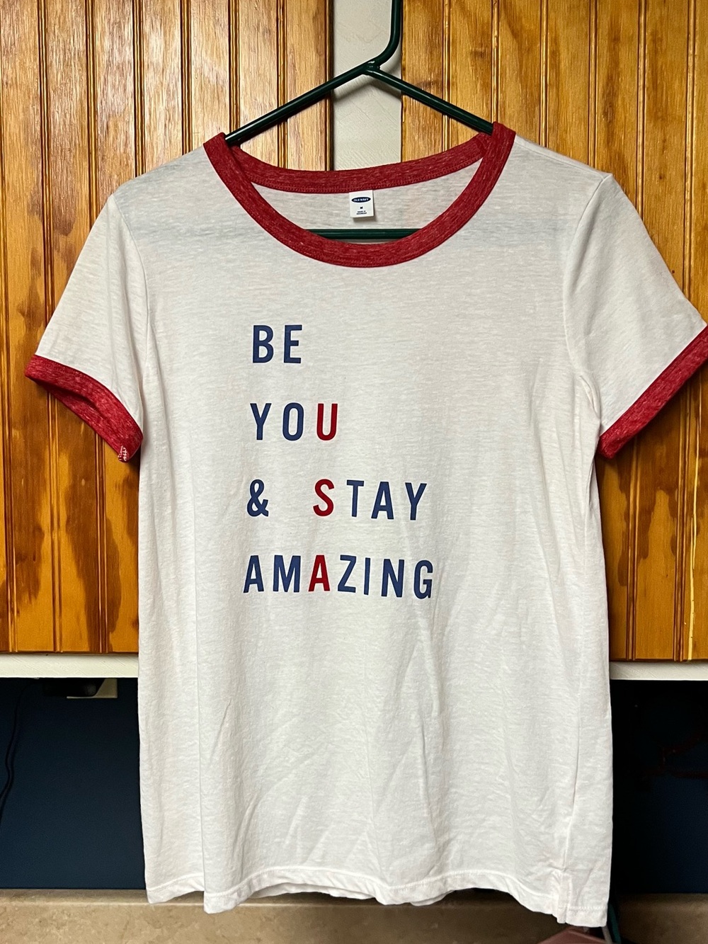Womens Old Navy White Ringer Tee with Red Trim and Navy/Red Graphic M